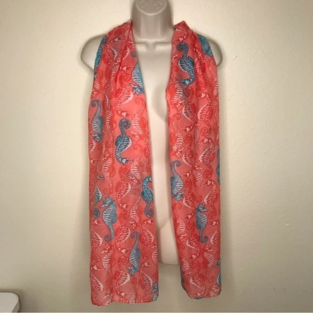 Seahorse Graphic Coral Aqua Teal Long Rectangle Scarf 22 X 71 Lightweight